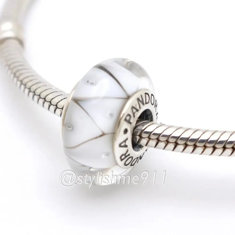Authentic PANDORA Sterling Silver White Zig-Zag Murano Glass Bead Charm